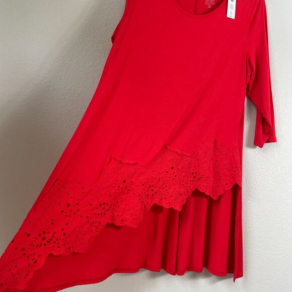 NEW Chicos Womens Large Lace Trim Tunic Top In Runaway Red Stretch Shirt - Picture 11 of 12